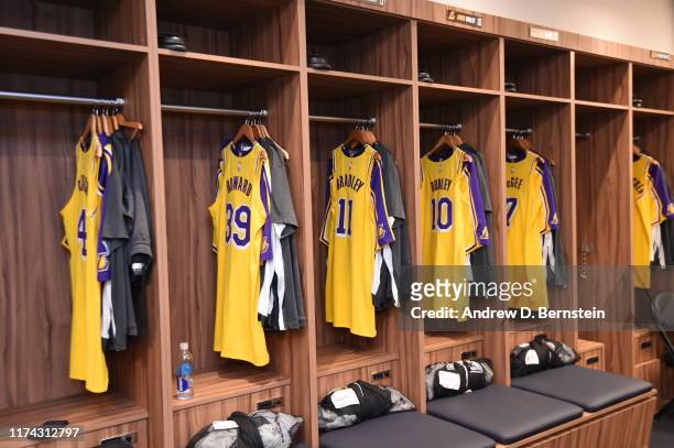 Photo of the jerseys worn by the Los Angeles Lakers on October 5, 2019 at STAPLES Center in Los Angeles, California. NOTE TO USER: User expressly...