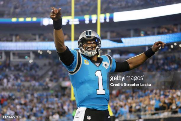 Quarterback Cam Newton of the Carolina Panthers reacts in the first quarter of the game against the Tampa Bay Buccaneers at Bank of America Stadium...