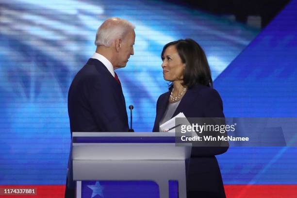 Democratic presidential candidates former Vice President Joe Biden and Sen. Kamala Harris speak after the Democratic Presidential Debate at Texas...