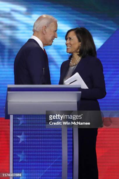 Democratic presidential candidates former Vice President Joe Biden and Sen. Kamala Harris speak after the Democratic Presidential Debate at Texas...