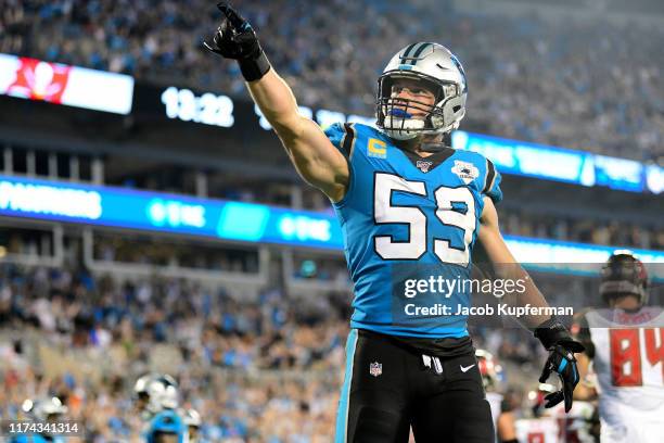 Luke Kuechly of the Carolina Panthers after a safety in the fourth quarter during their game at Bank of America Stadium on September 12, 2019 in...