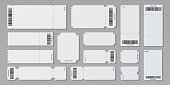 Empty ticket template. Concert movie theater and boarding blank white tickets, lottery coupons with ruffle edges. Vector isolated set