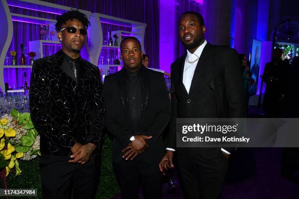 Savage, Yo Gotti, and Meek Mill attend Rihanna's 5th Annual Diamond Ball Benefitting The Clara Lionel Foundation at Cipriani Wall Street on September...