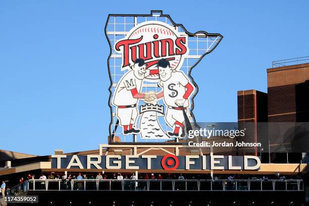 Detail shot of the Minnesota Twins logo atop of Target Field before Game 3 of the ALDS between the New York Yankees and the Minnesota Twins on...