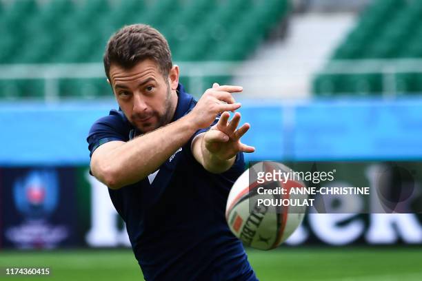 Scotland scrum-half Greig Laidlaw takes part in a Captain's run training session at the Sizuoka stadium Ecopa in Shizuoka on October 8 during the...
