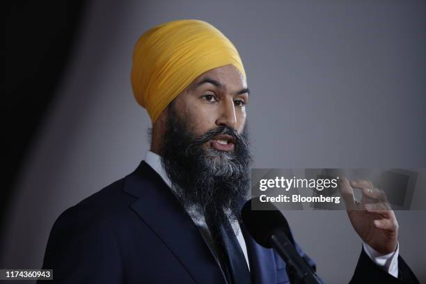 Jagmeet Singh, leader of the New Democratic Party , speaks to members of the media following the federal leader's debate in Gatineau, Quebec, Canada,...