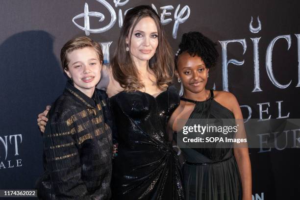 Shiloh Nouvel Jolie-Pitt, Angelina Jolie and Zahara Marley Jolie-Pitt attend the European premiere of the movie "Maleficent Mistress Of Evil" at...