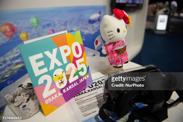 Osaka Expo 2025 logo are seen during G20 Osaka Summit at the media center of INTEX Osaka, Japan on June 29, 2019.