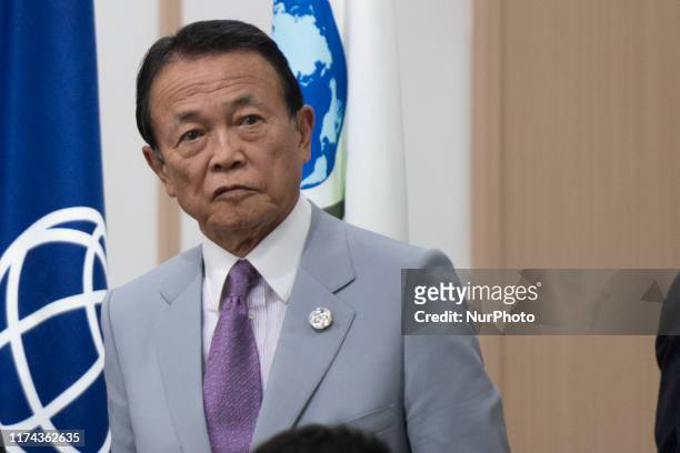 Deputy Prime Minister of Japan and Minister of Finance Taro Aso attends Prime Minister Shinzo Abe's press conference after the conclusion of a...