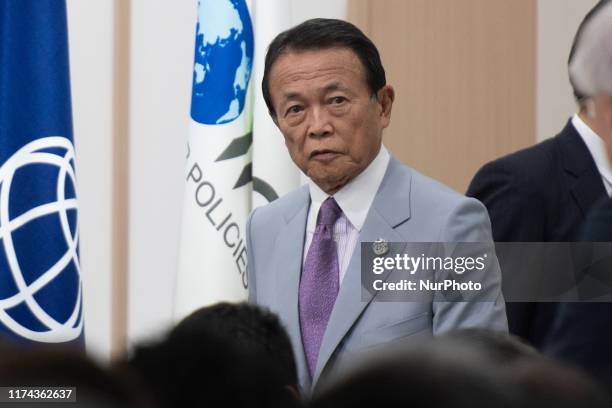 Deputy Prime Minister of Japan and Minister of Finance Taro Aso attends Prime Minister Shinzo Abe's press conference after the conclusion of a...