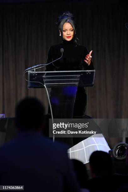 Rihanna speaks onstage during Rihanna's 5th Annual Diamond Ball Benefitting The Clara Lionel Foundation at Cipriani Wall Street on September 12, 2019...