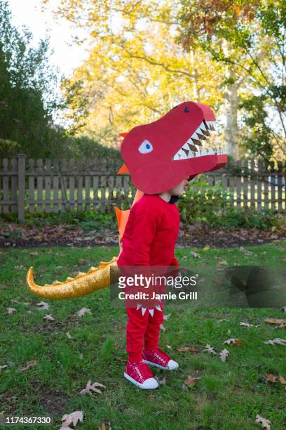 boy dressed up as red dinosaur - costums stock pictures, royalty-free photos & images