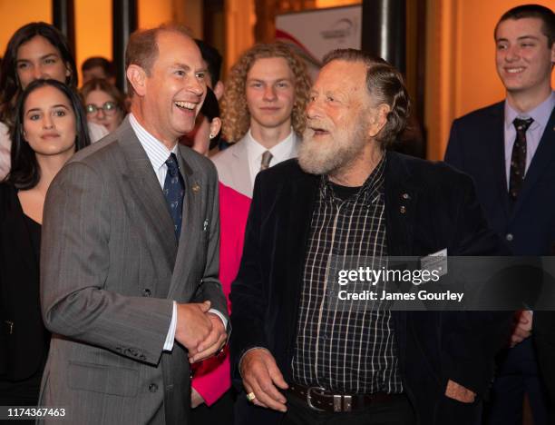 Prince Edward, Earl of Essex and Jack Thompson speaking to Duke of Edinburgh's International Gold Award Recipients at Sydney Town Hall on September...