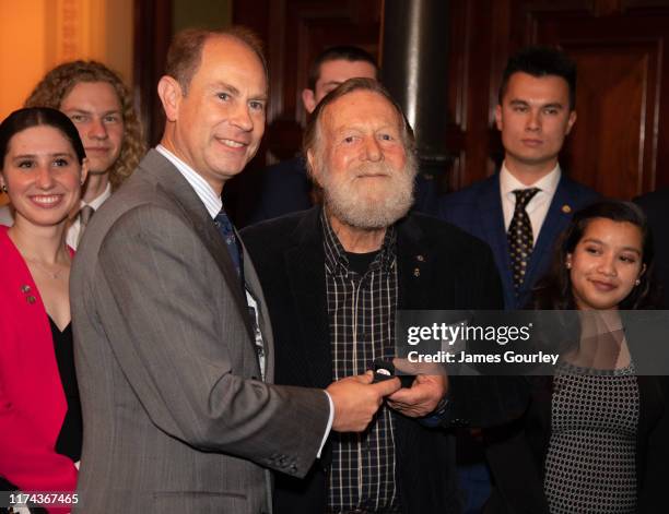 Prince Edward, Earl of Essex and Jack Thompson speaking to Duke of Edinburgh's International Gold Award Recipients at Sydney Town Hall on September...