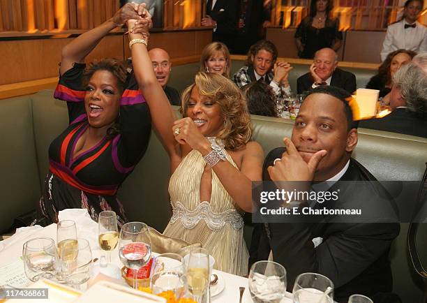 Oprah Winfrey, Mary J. Blige and Kendu Isaacs while watching Jennifer Hudson win Best Actress in a Supporting Role for "Dreamgirls"