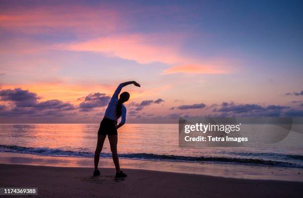 woman practicing yoga on beach at sunset - delray beach 個照片及圖片檔