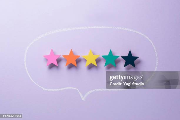 wooden five star shape with chat bubble - scoring system stock pictures, royalty-free photos & images