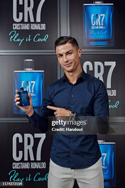 Cristiano Ronaldo celebrates the launch of new CR7 Play It Cool with friends and family on September 12, 2019 in Turin, Italy.