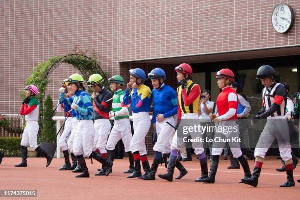 Jockeys at the paddock before the Race 11 2019 World All-star Jockeys 2nd Leg at Sapporo Racecourse on August 24, 2019 in Sapporo, Hokkaido, Japan.