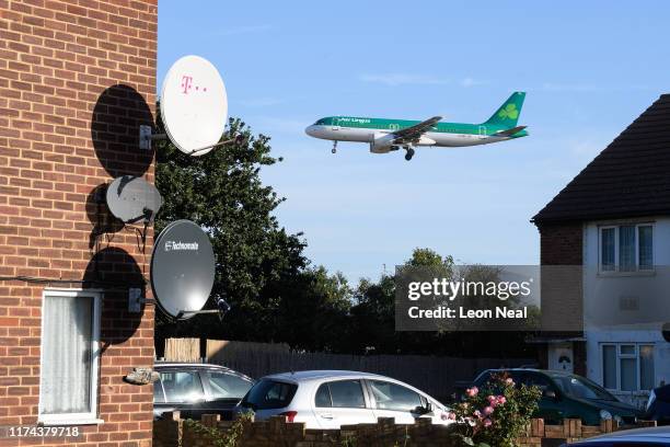 An Air Lingus passenger plane comes into land at Heathrow Airport on September 13, 2019 in London, England. Climate change protesters planned to...
