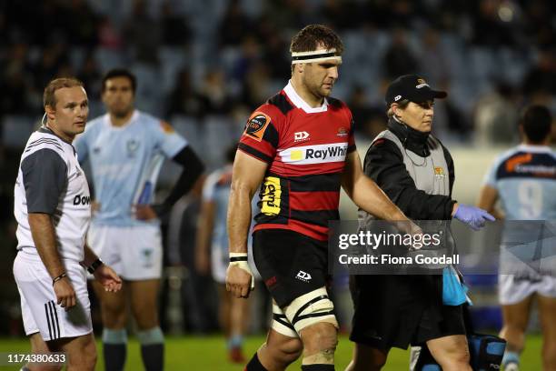 Luke Whitelock of Canterbury leaves the field with an injury during the round 6 Mitre 10 Cup match between Northland and Canterbury at Semenoff...
