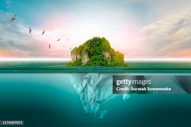 plastic pollution in marine environmental problems animals in the sea cannot live. and cause plastic pollution in the ocean (environmental concept) - ice berg stock pictures, royalty-free photos & images