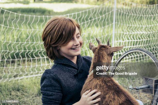 boy playing with baby goat on farm - kinderboerderij stockfoto's en -beelden