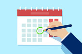 Vector of a business man hand with pen marking important day on calendar.