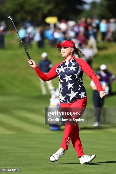 Morgan Pressel of Team USA reacts to a missed putt on the thirteenth hole during Day 1 of The Solheim Cup at Gleneagles on September 13, 2019 in...