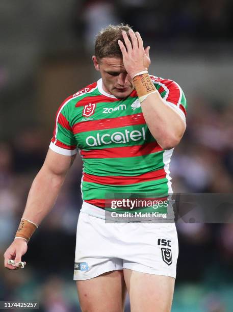 George Burgess of the Rabbitohs looks dejected at fulltime during the NRL Qualifying Final match between the Sydney Roosters and the South Sydney...