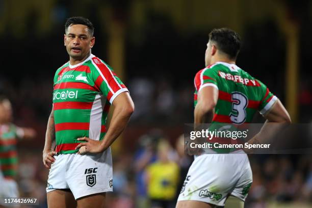 John Sutton of the Rabbitohs talks to James Roberts of the Rabbitohs during the NRL Qualifying Final match between the Sydney Roosters and the South...