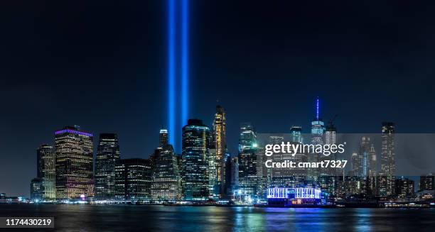 9/11 tribute in light - september 11 stock pictures, royalty-free photos & images