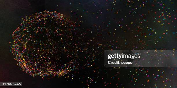 multi-coloured spheres and rods connecting in mid-air forming spherical shape - place order stock pictures, royalty-free photos & images