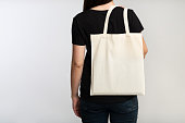 Unrecognizable Girl Holding Eco Bag On White Background, Back View