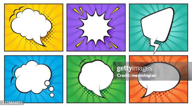 illustrazioni stock, clip art, cartoni animati e icone di tendenza di set di bolle vocali comiche retrò - largo descrizione generale