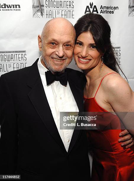 Charles Strouse and Idina Menzel during 38th Annual Songwriters Hall of Fame Ceremony - Cocktails and Backstage at Marriott Marquis in New York City,...