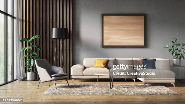 modern scandinavian living room interior - 3d render - indoors stock pictures, royalty-free photos & images