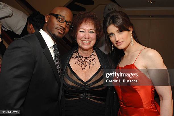 Taye Diggs, Karen Sherry and Idina Menzel during 38th Annual Songwriters Hall of Fame Ceremony - Cocktails and Backstage at Marriott Marquis in New...