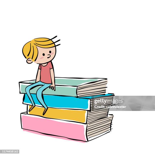 young boy sitting on a pile of books - young child reading book stock illustrations