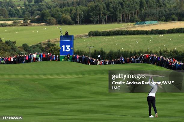 Anna Nordqvist of Team Europe plays her second shot on the thirteenth hole during Day 1 of The Solheim Cup at Gleneagles on September 13, 2019 in...