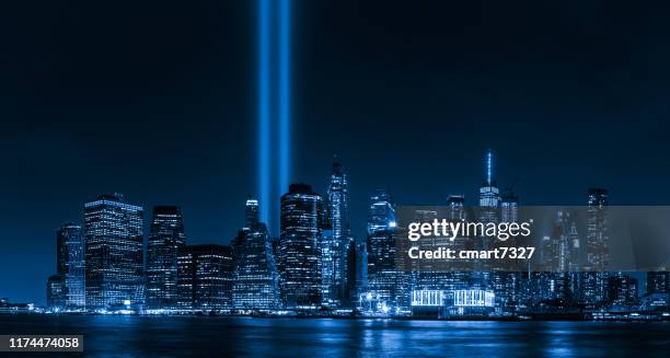 9/11 tribute in light - patriot day stock pictures, royalty-free photos & images