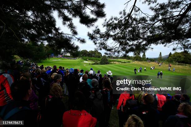 Azahara Munoz of Team Europe plays her second shot on the eleventh hole during Day 1 of The Solheim Cup at Gleneagles on September 13, 2019 in...