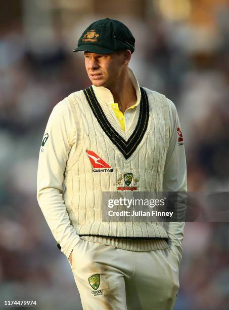 Steve Smith of Australia looks on during day two of the 5th Specsavers Ashes Test match between England and Australia at The Kia Oval on September...