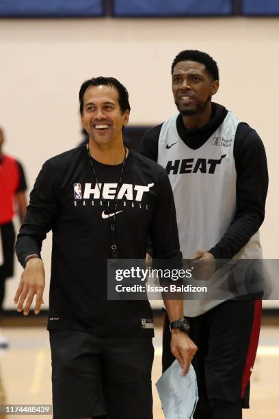 Head Coach Erik Spoelstra of the Miami Heat smiles during Training Camp on October 3, 2019 at American Airlines Arena in Miami, Florida. NOTE TO...