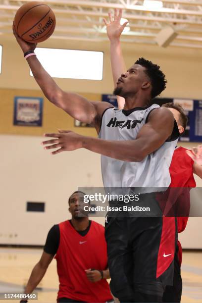 Jimmy Butler of the Miami Heat shoots the ball during Training Camp on October 3, 2019 at American Airlines Arena in Miami, Florida. NOTE TO USER:...