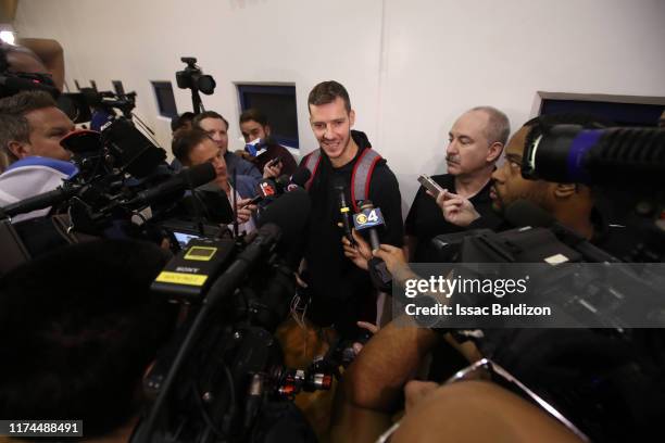 Goran Dragic of the Miami Heat talks with media at Training Camp on October 3, 2019 at American Airlines Arena in Miami, Florida. NOTE TO USER: User...