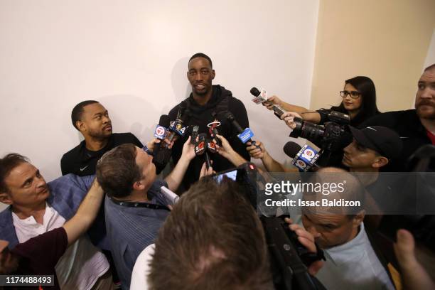 Bam Adebayo of the Miami Heat talks with media at Training Camp on October 3, 2019 at American Airlines Arena in Miami, Florida. NOTE TO USER: User...