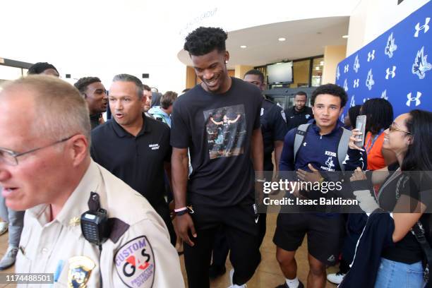 Jimmy Butler of the Miami Heat leaves Training Camp on October 3, 2019 at American Airlines Arena in Miami, Florida. NOTE TO USER: User expressly...