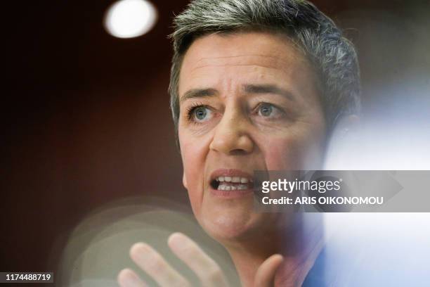 European Commission Vice-President in charge Europe fit for the digital age Margrethe Vestager speaks during her hearing at the European Parliament...
