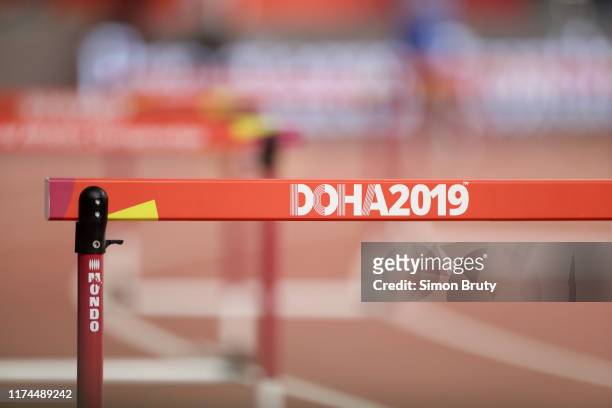 World Athletics Championships: View of hurdle with DOHA 2019 logo before Men's 400M Semifinal at Khalifa International Stadium. Equipment. Doha,...